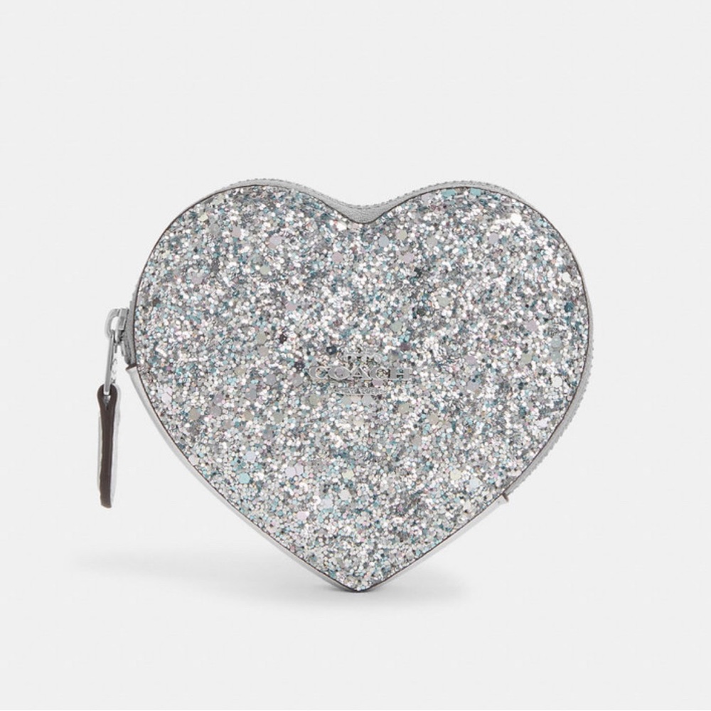 New Coach Heart Coin Case Silver Glitter